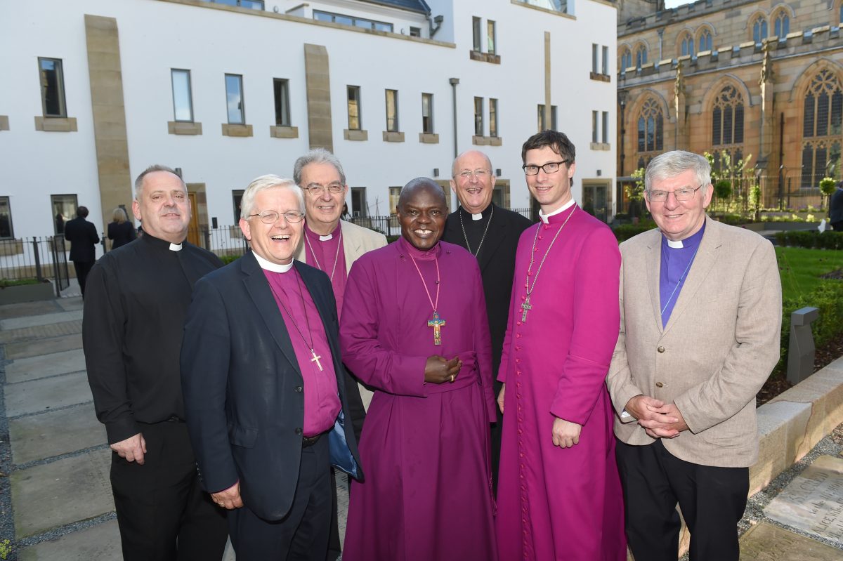The Archbishop of York, Dr John Sentamu, and members of Blackburn Cathedral in the Cathedral Court